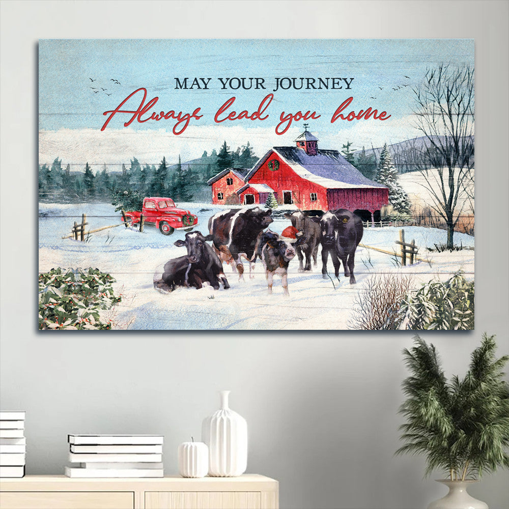 Angus Aberdeen Winter Farm Red Barn May Your Journey Always Lead You Home Canvas Wall Art – Christian Wall Decor