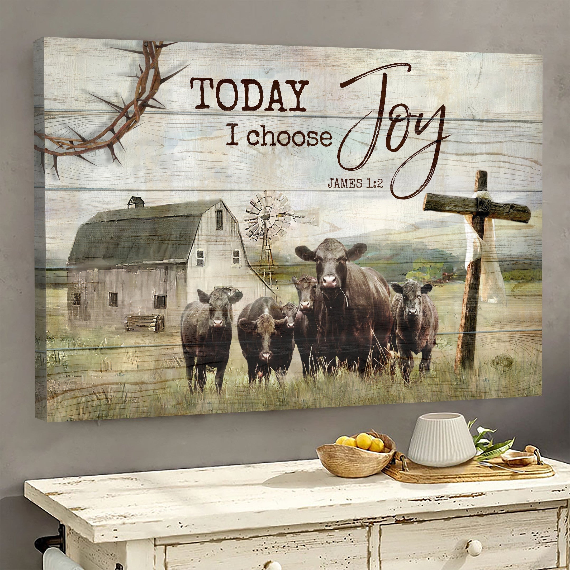 Angus Cow Tranquil Farm Old Barn Painting Wooden Cross Today I Choose Joy Canvas Wall Art – Christian Wall Decor