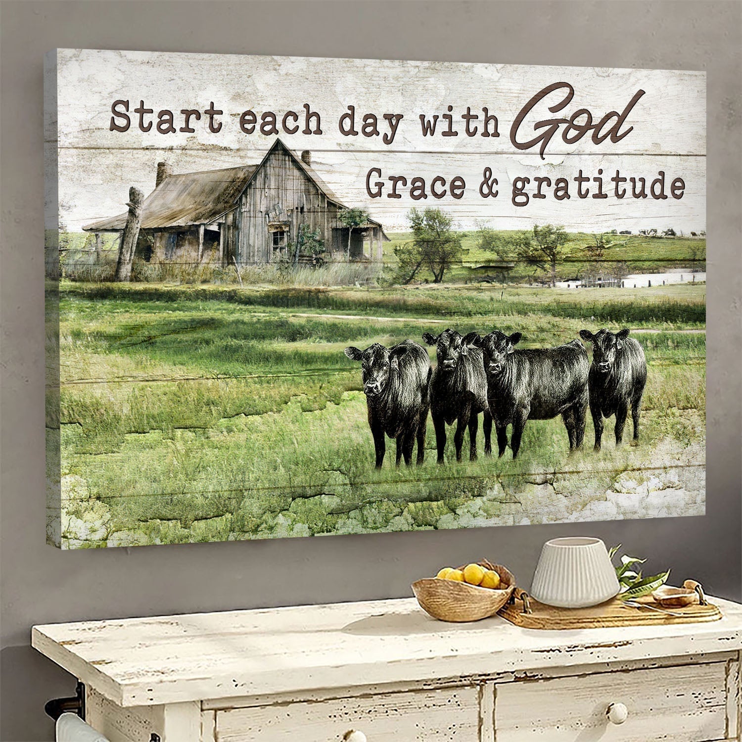 Angus Cows Grassland Old Barn Painting Start Each Day With God Grace And Gratitude Canvas Wall Art – Christian Wall Decor