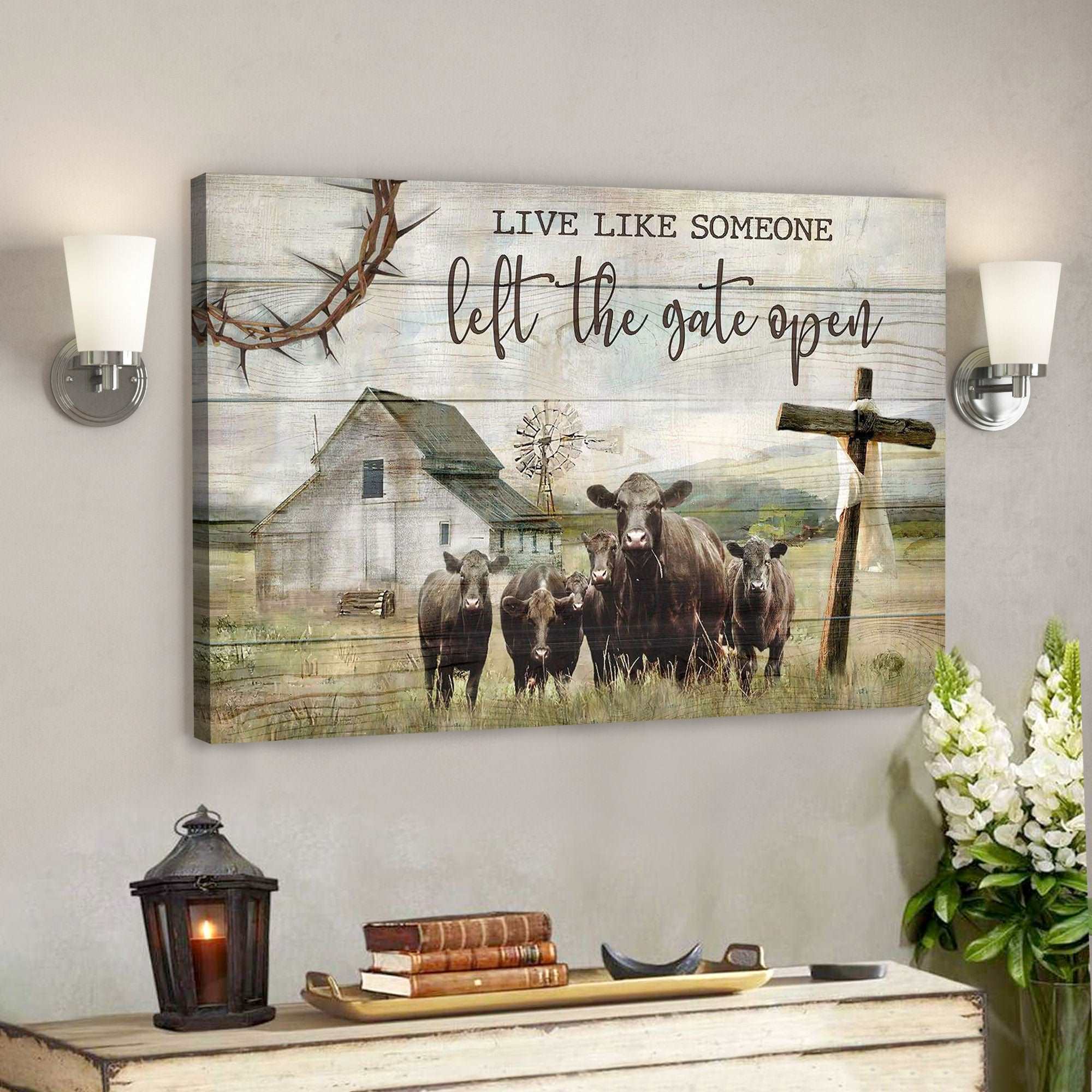 Angus Cows – Live Like Someone Left The Gate Open – Bible Verse Canvas – Scripture Canvas Wall Art