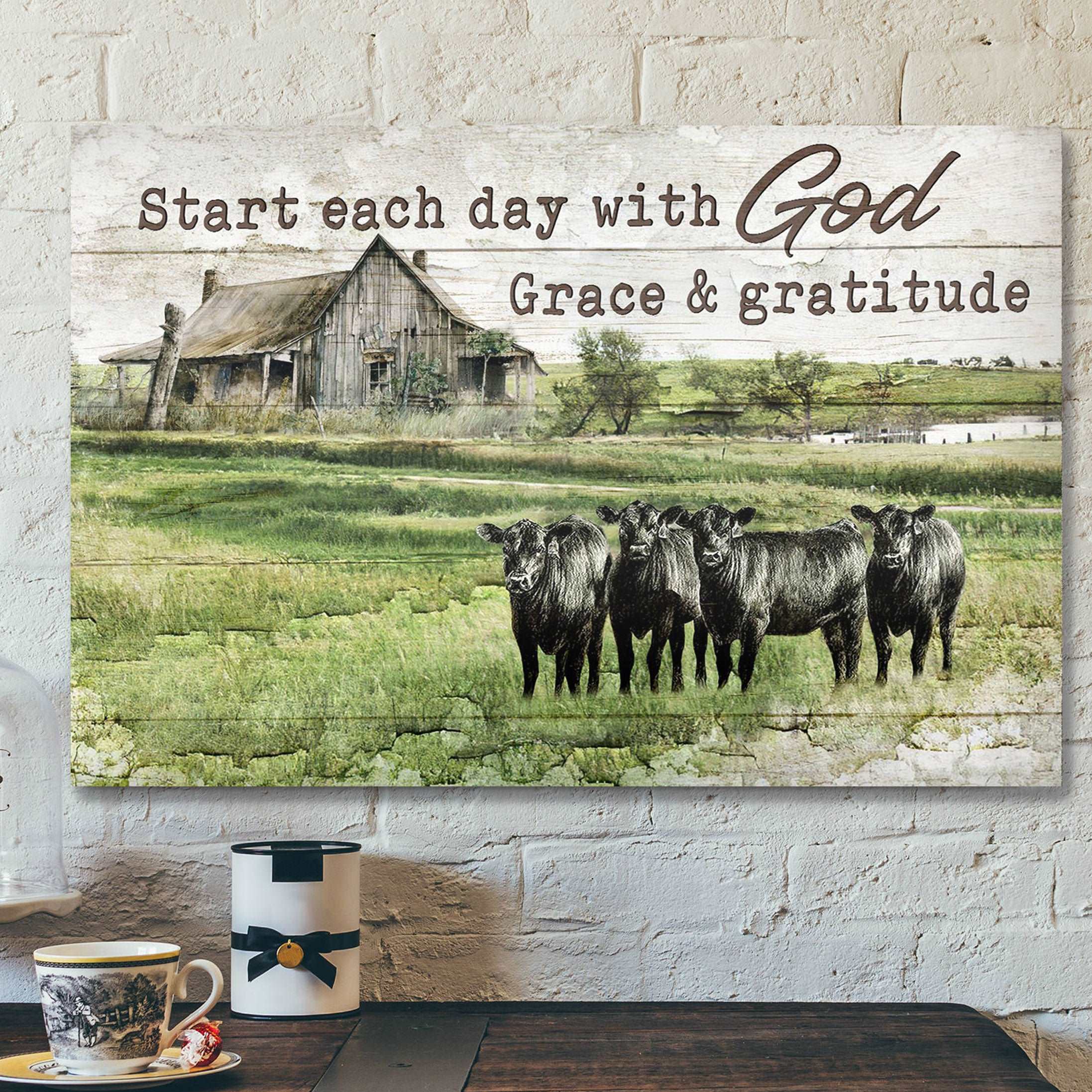 Angus Cows – Start Each Day With God Grace And Gratitude – Bible Verse Canvas – Scripture Canvas Wall Art