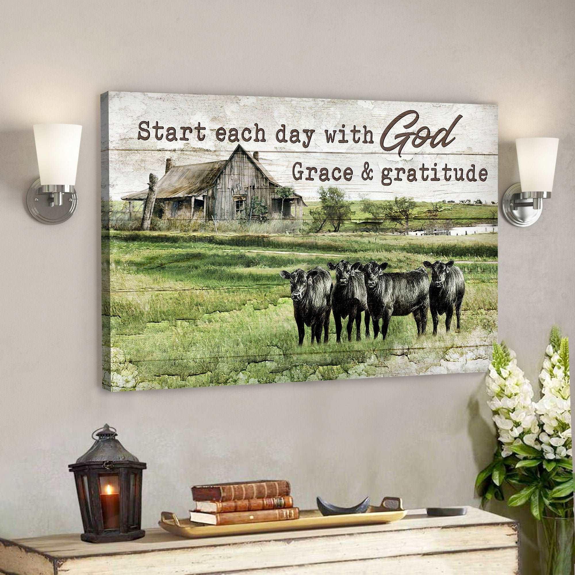 Angus Cows – Start Each Day With God Grace And Gratitude – Bible Verse Canvas – Scripture Canvas Wall Art