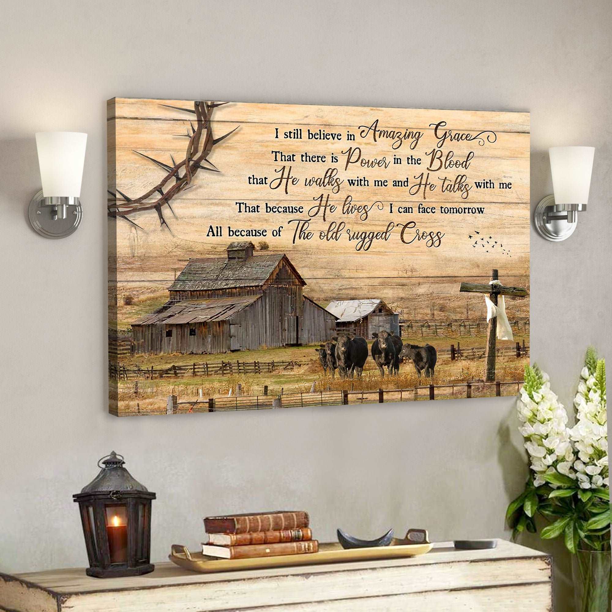 Angus Cows With Country Farm – I Still Believe In Amazing Grace – Bible Verse Canvas – Scripture Canvas Wall Art