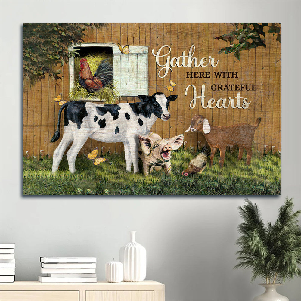 Animal Painting Dairy Cow Butterfly Gather Here With Grateful Hearts Canvas Wall Art – Christian Wall Decor