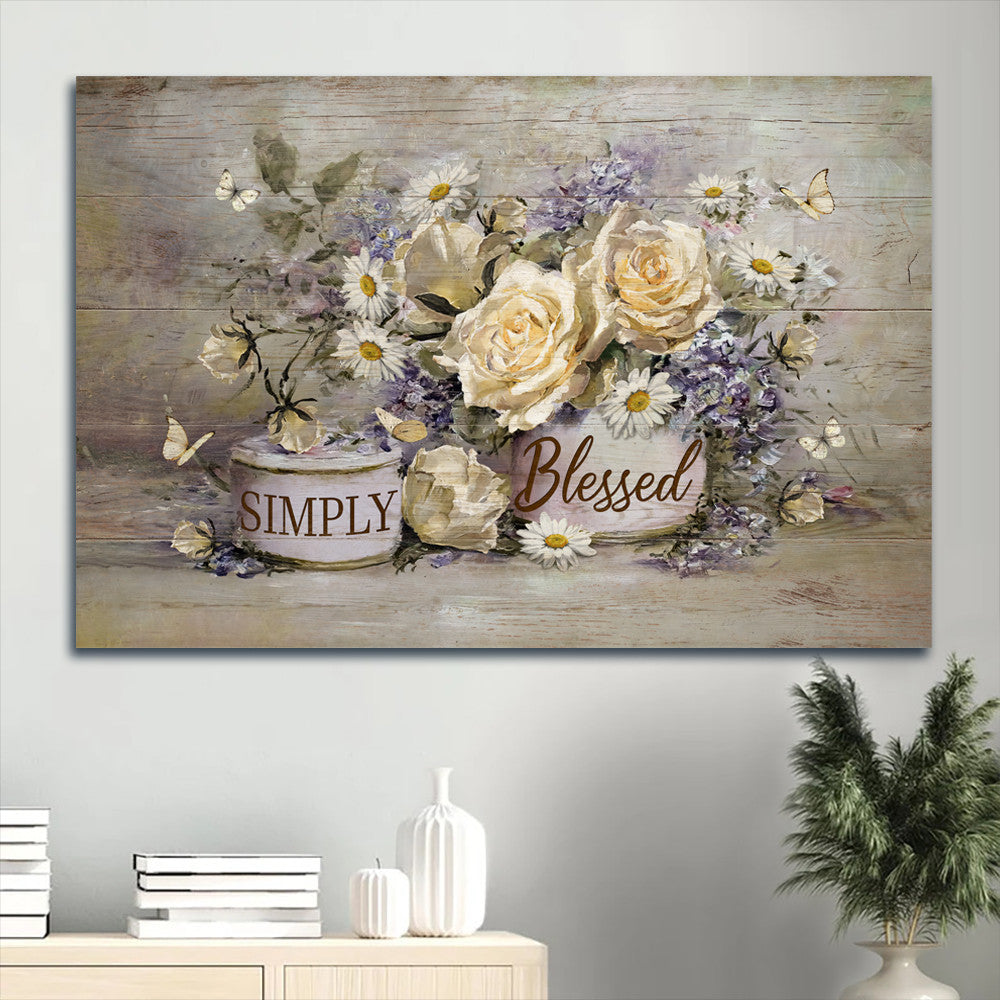 Antique Artwork Vintage Flower Yellow Butterfly Simply Blessed Canvas Wall Art – Christian Wall Decor