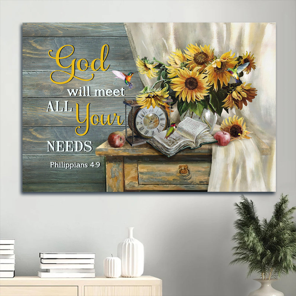 Antique Clock Sunflower Vase Old Bible God Will Meet All Your Needs Canvas Wall Art – Christian Wall Decor