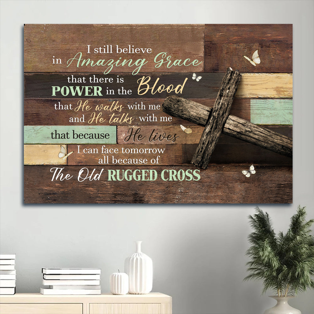 Antique Cross Wooden Background Butterfly I Still Believe In Amazing Grace Canvas Wall Art – Christian Wall Decor