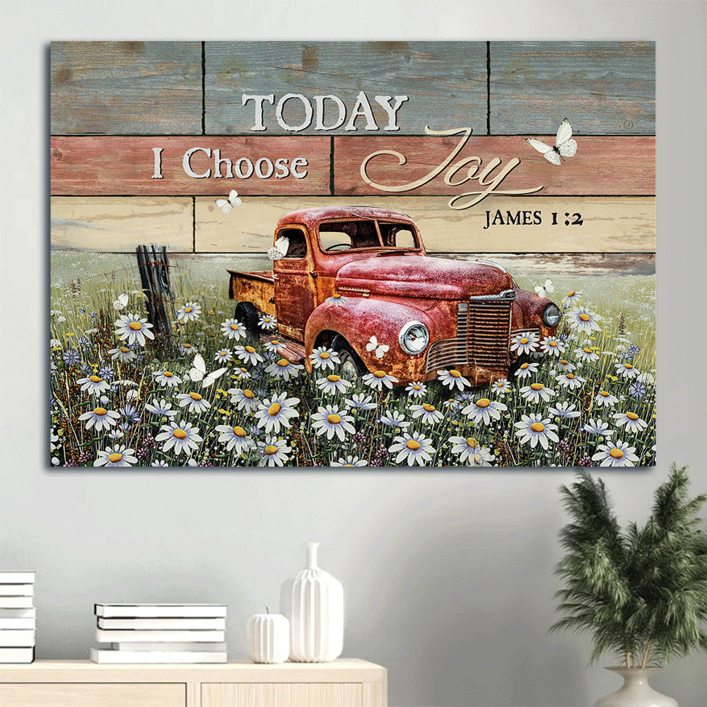 Antique Ladybug Car Daisy Field White Butterfly Today I Choose Joy Canvas Wall Art – Christian Wall Decor