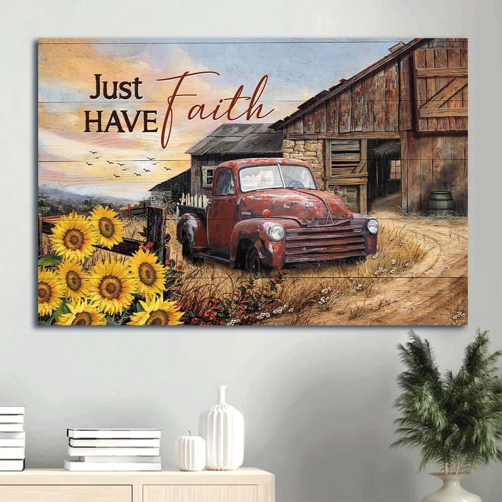 Antique Ladybug Car Old Farm Sunflower Garden Just Have Faith Canvas Wall Art – Christian Wall Decor