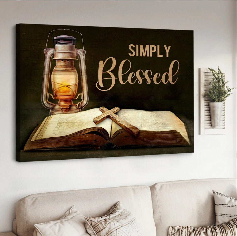 Antique Lantern Vintage Bible Cross Drawing Simply Blessed Canvas Wall Art – Christian Poster – Religious Wall Decor