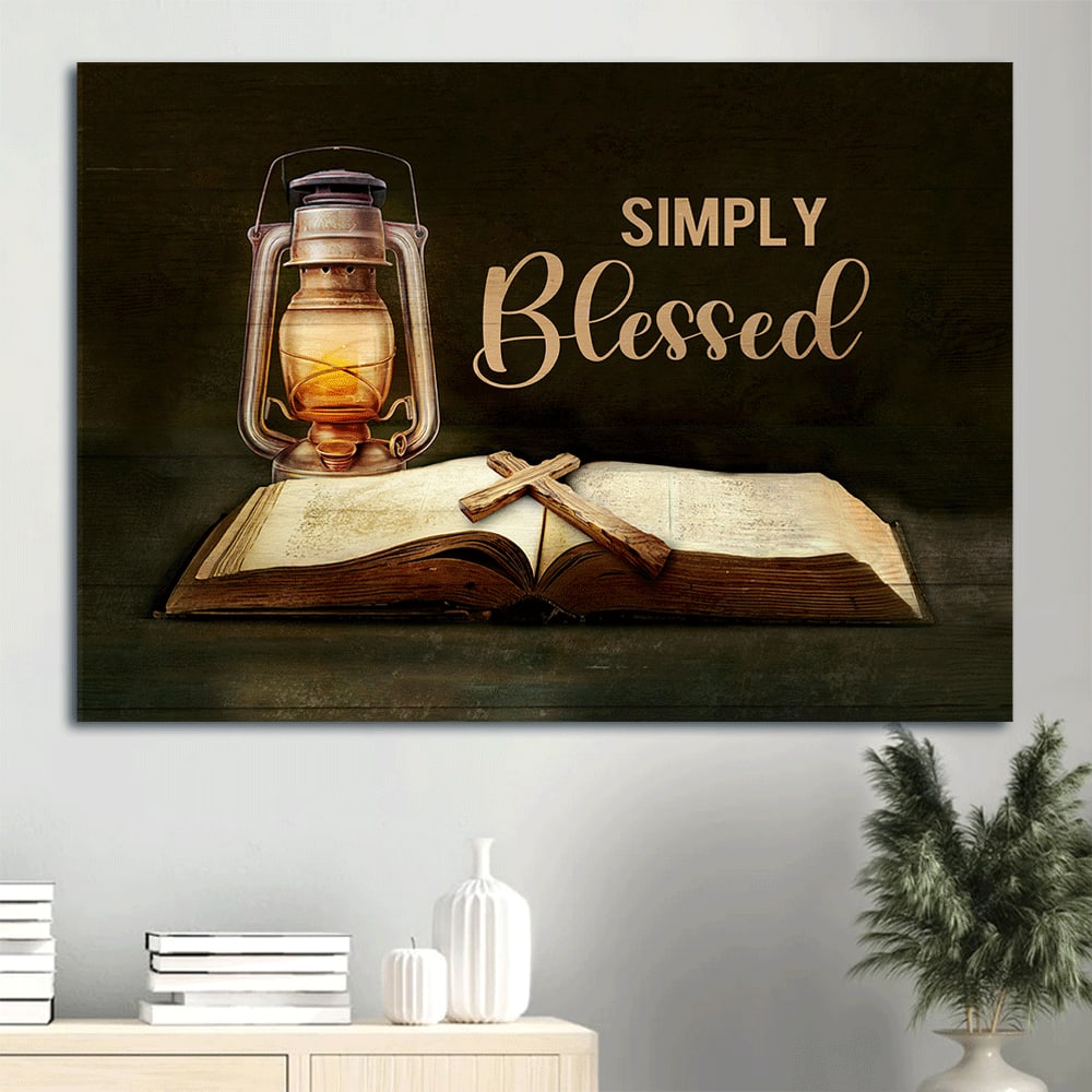 Antique Lantern Vintage Bible Cross Drawing Simply Blessed Canvas Wall Art – Christian Wall Decor