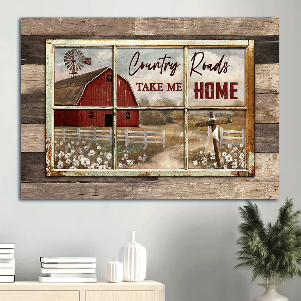 Antique Window White Poppy Red House Country Roads Take Me Home Canvas Wall Art – Christian Wall Decor