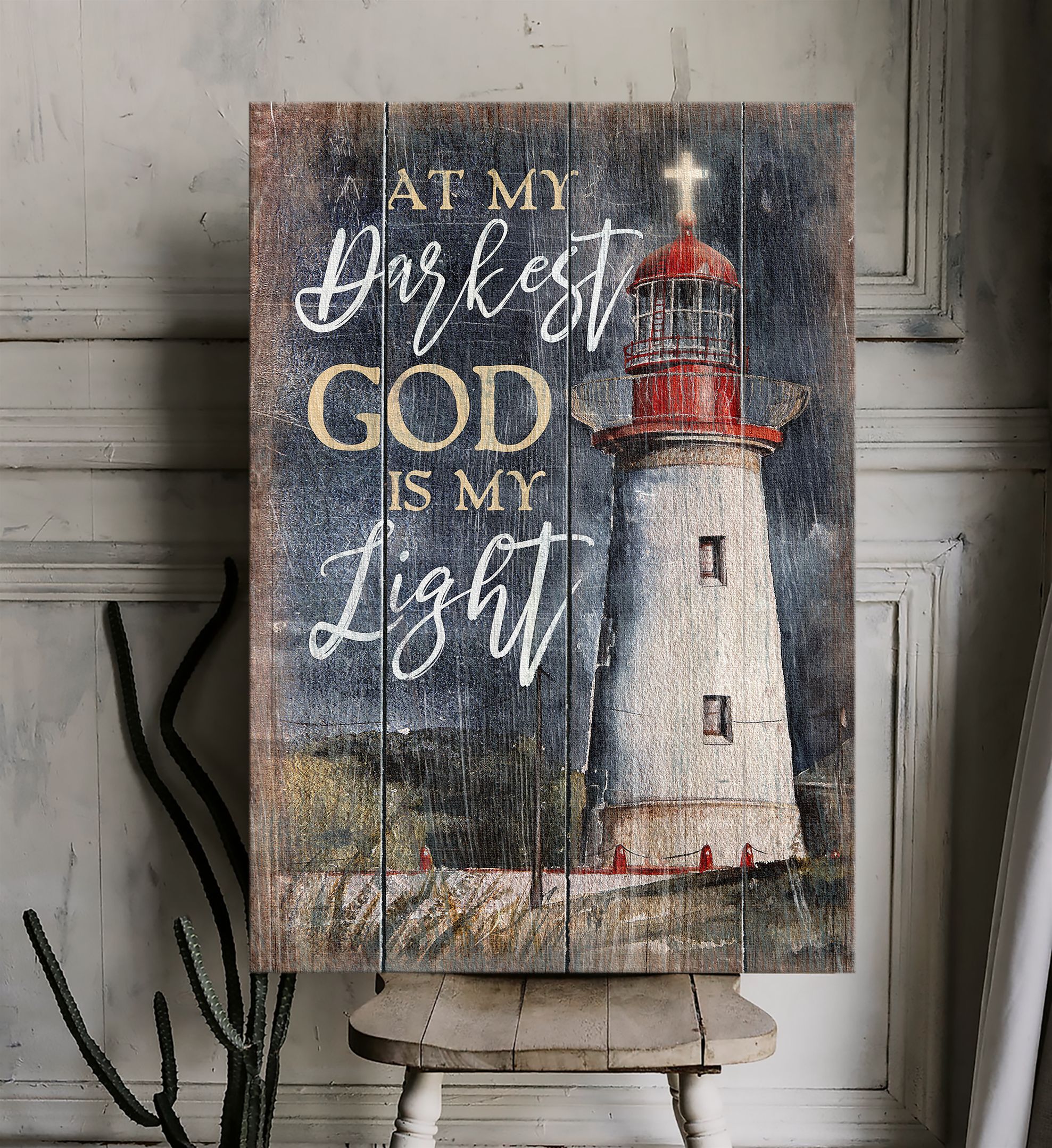 At My Darkest God Is My Light Canvas – Lighthouse Cross Canvas Posters – Christian Wall Posters – Religious Wall Decor