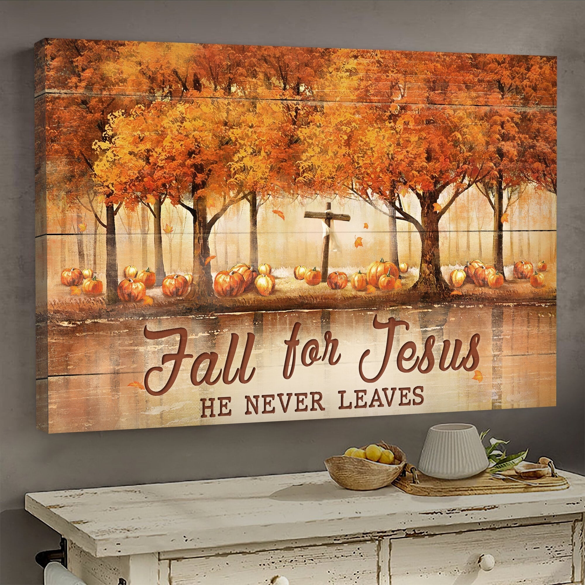 Autumn Forest Pumpkin Wooden Cross Fall For Jesus He Never Leaves Canvas Wall Art – Christian Wall Decor