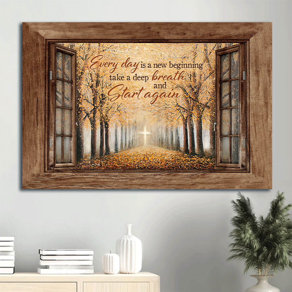 Autumn Forest Yellow Leaf Golden Cross Every Day Is A New Beginning Canvas Wall Art – Christian Wall Decor