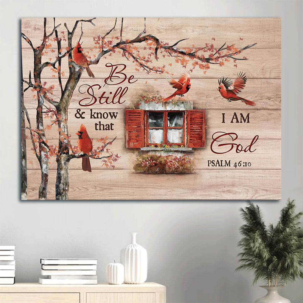 Autumn Season Red Cardinal Vintage Windows Cranberry Canvas Be Still & Know That I Am God Canvas Wall Art – Christian Wall Decor