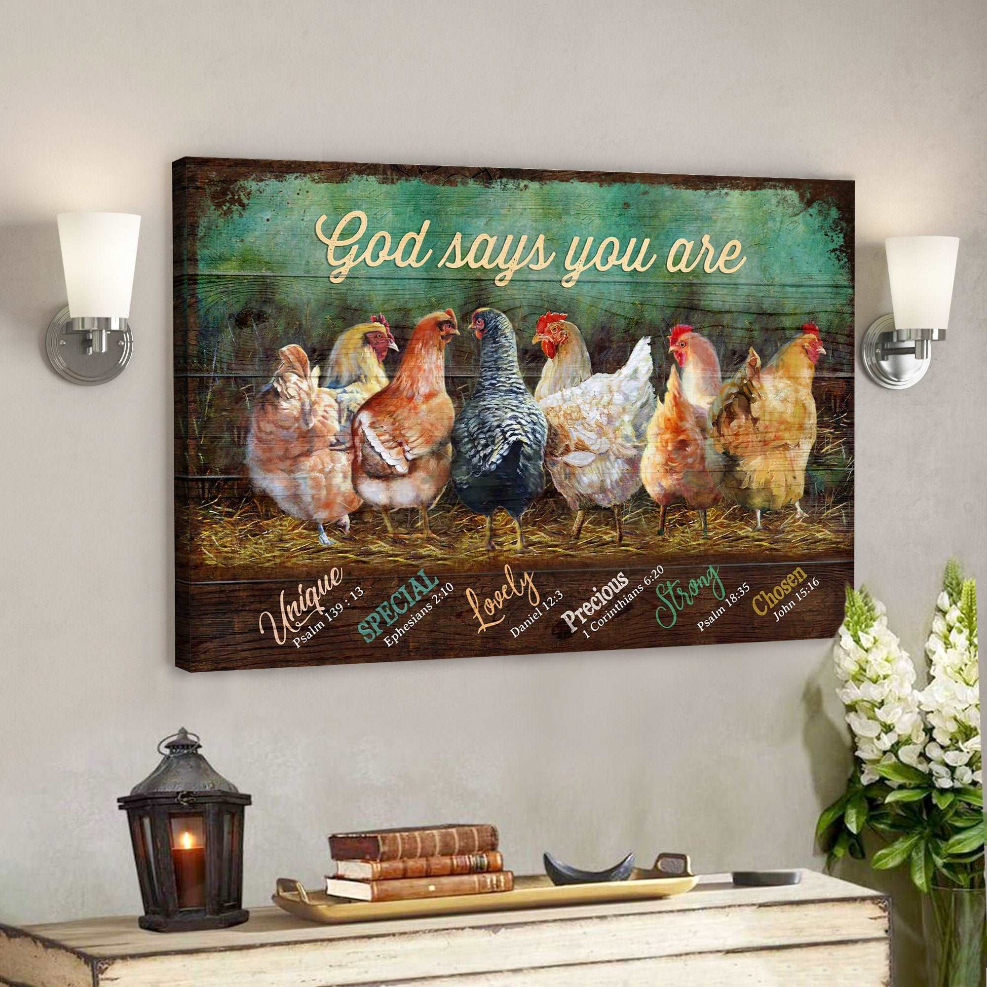 Awesome Chickens – God Says You Are – Bible Verse Canvas – Scripture Canvas Wall Art