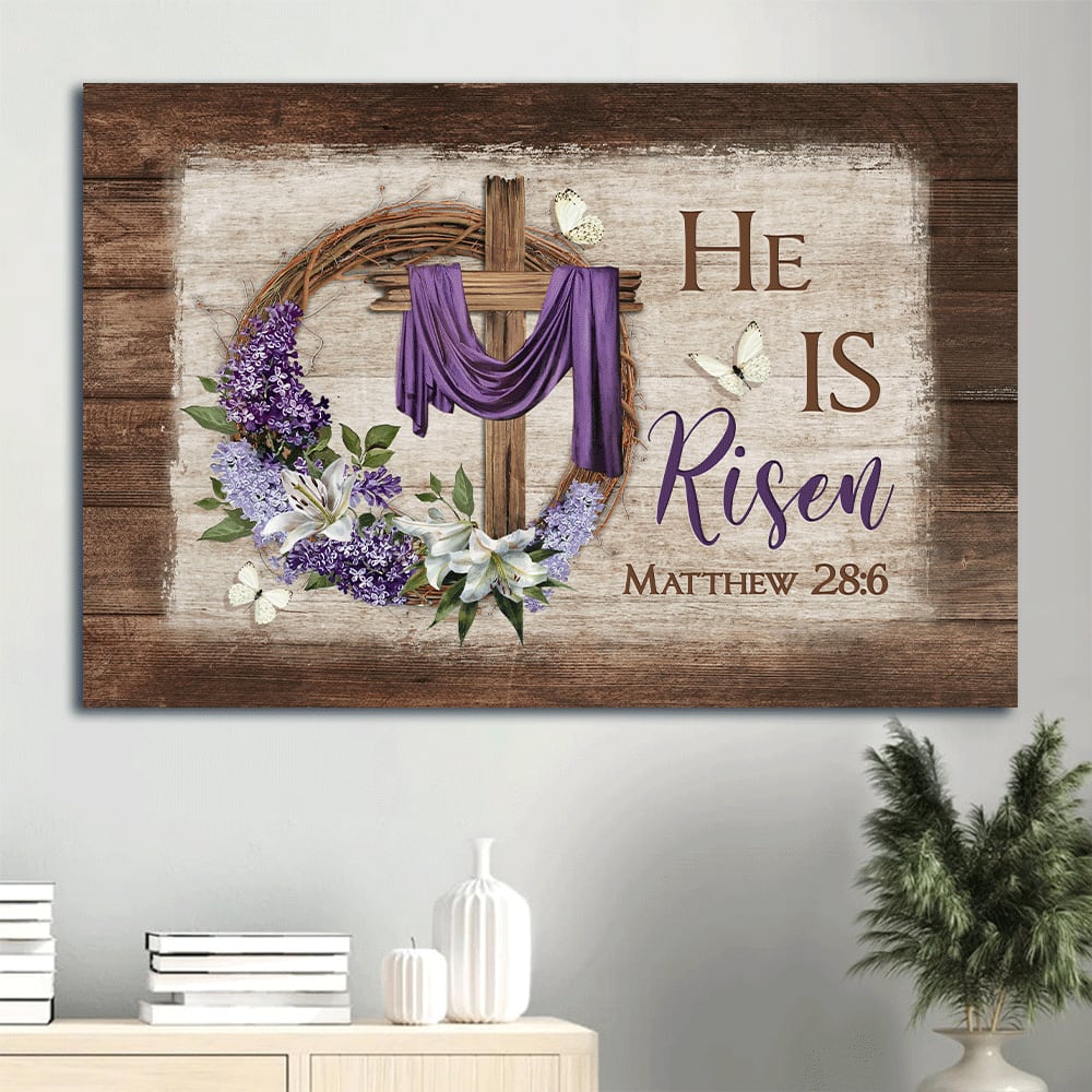 Awesome Cross White Butterfly Floral Wreath Purple Silk Canvas He Is Risen Canvas Wall Art – Christian Wall Decor