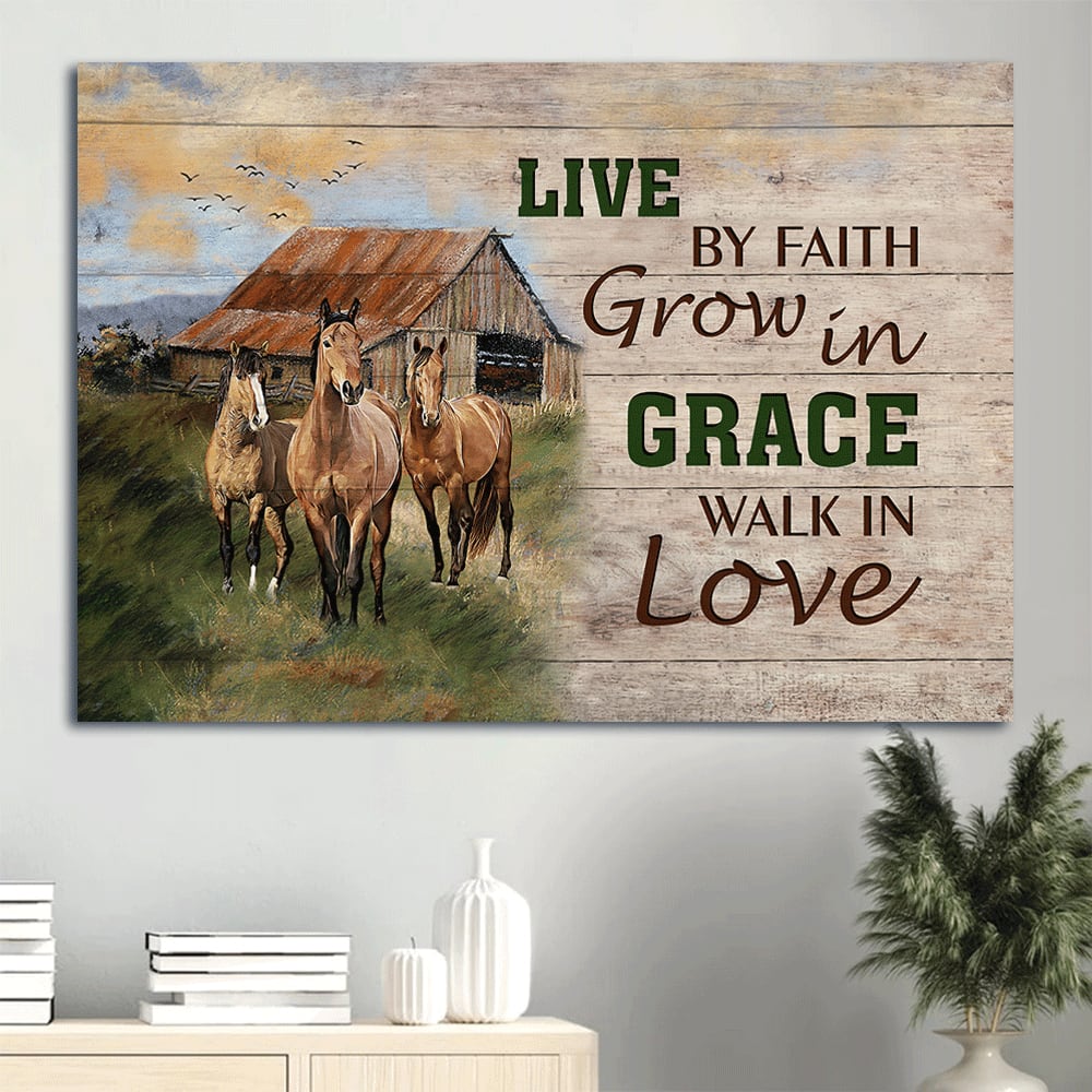 Awesome Horses Peaceful Meadow Farm Animal Canvas Live By Faith Walk In Love Canvas Wall Art – Christian Wall Decor