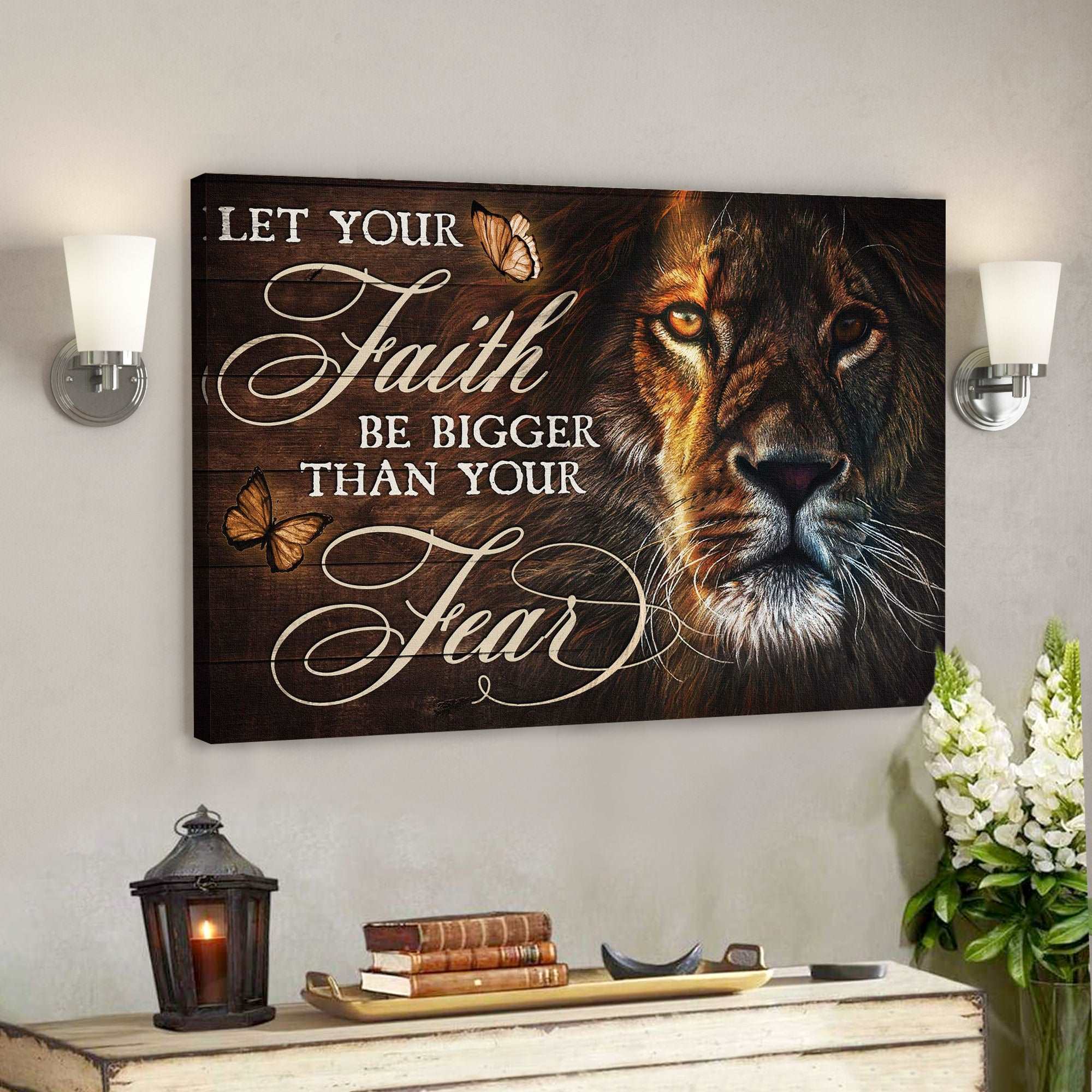 Awesome Lion – Let Your Faith Be Bigger Than You Fear Canvas Wall Art – Bible Verse Canvas – Scripture Canvas Wall Art