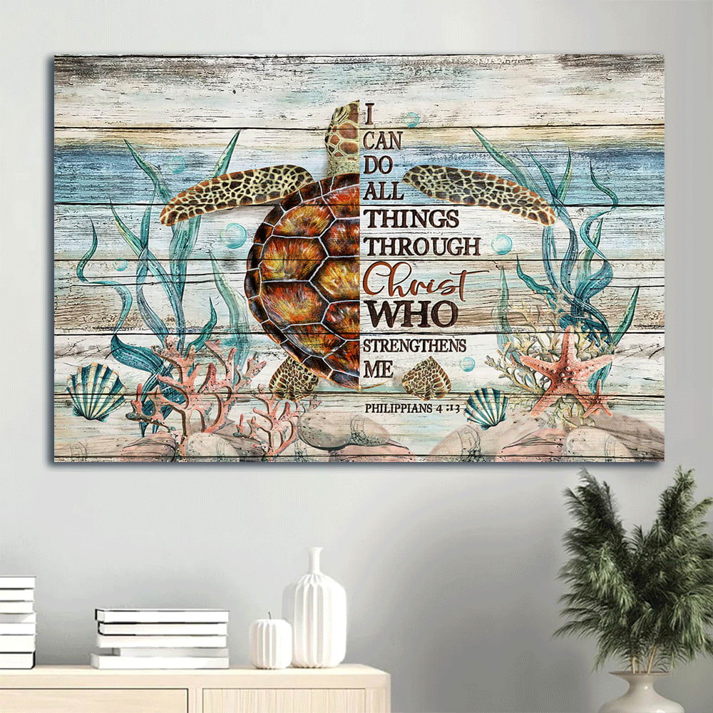 Awesome Sea Turtle Amazing Sea Life Turtle Drawing Canvas I Can Do All Things Through Christ Canvas Wall Art – Christian Wall Decor