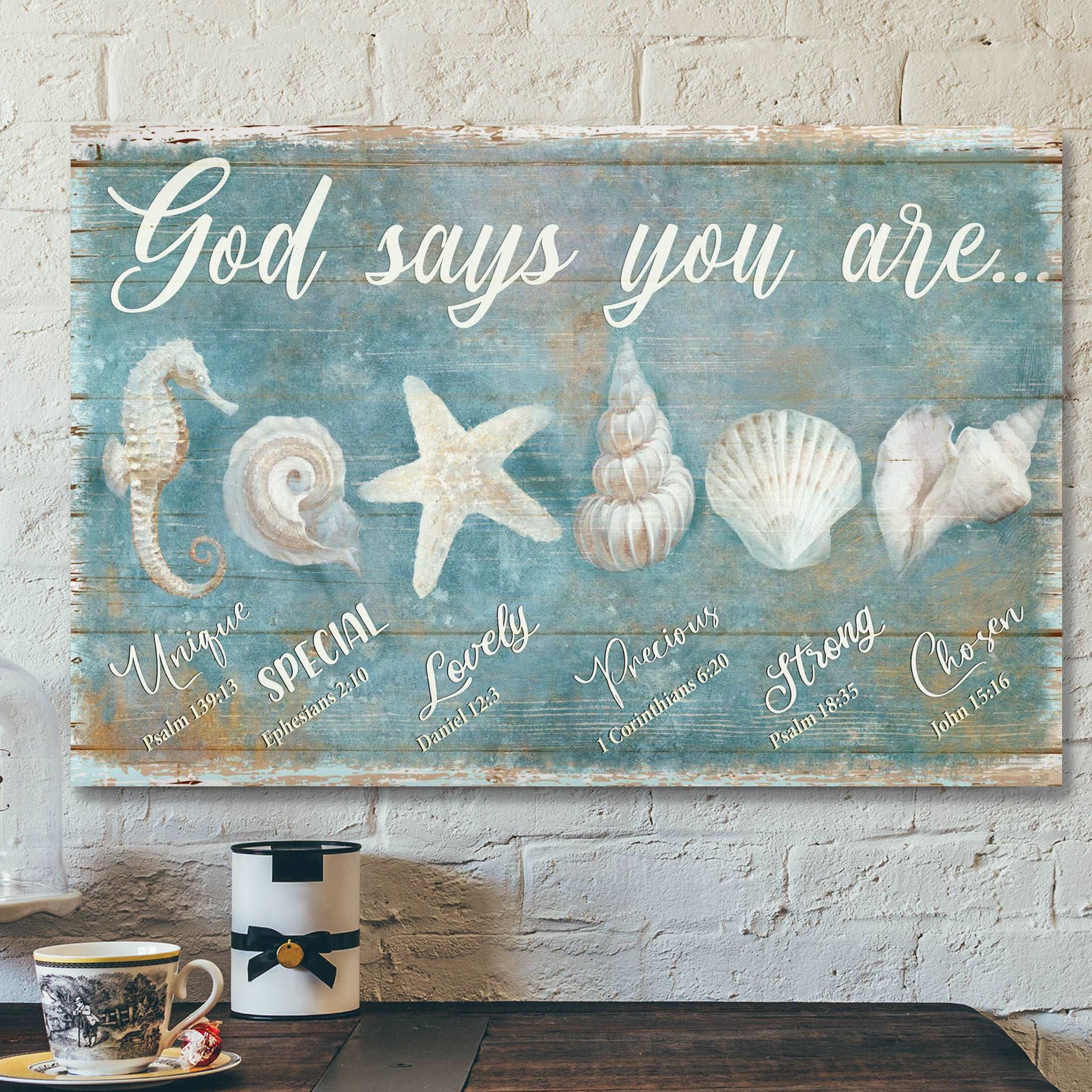 Awesome Seashells – God Says You Are Canvas Wall Art – Bible Verse Canvas – Scripture Canvas Wall Art