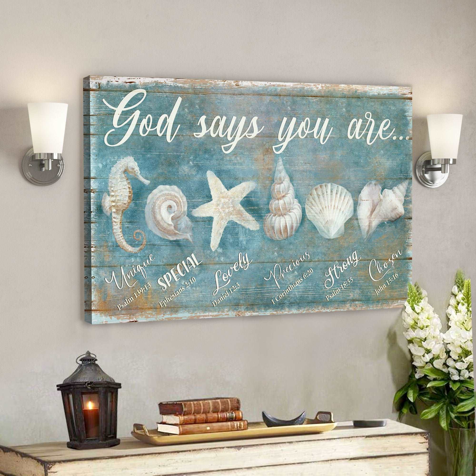 Awesome Seashells – God Says You Are Canvas Wall Art – Bible Verse Canvas – Scripture Canvas Wall Art