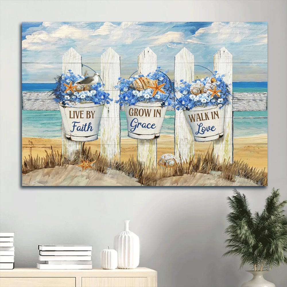 Baby Flower Beach Drawing White Fence Sea Animal Canvas Live By Faith Canvas Wall Art – Christian Wall Decor