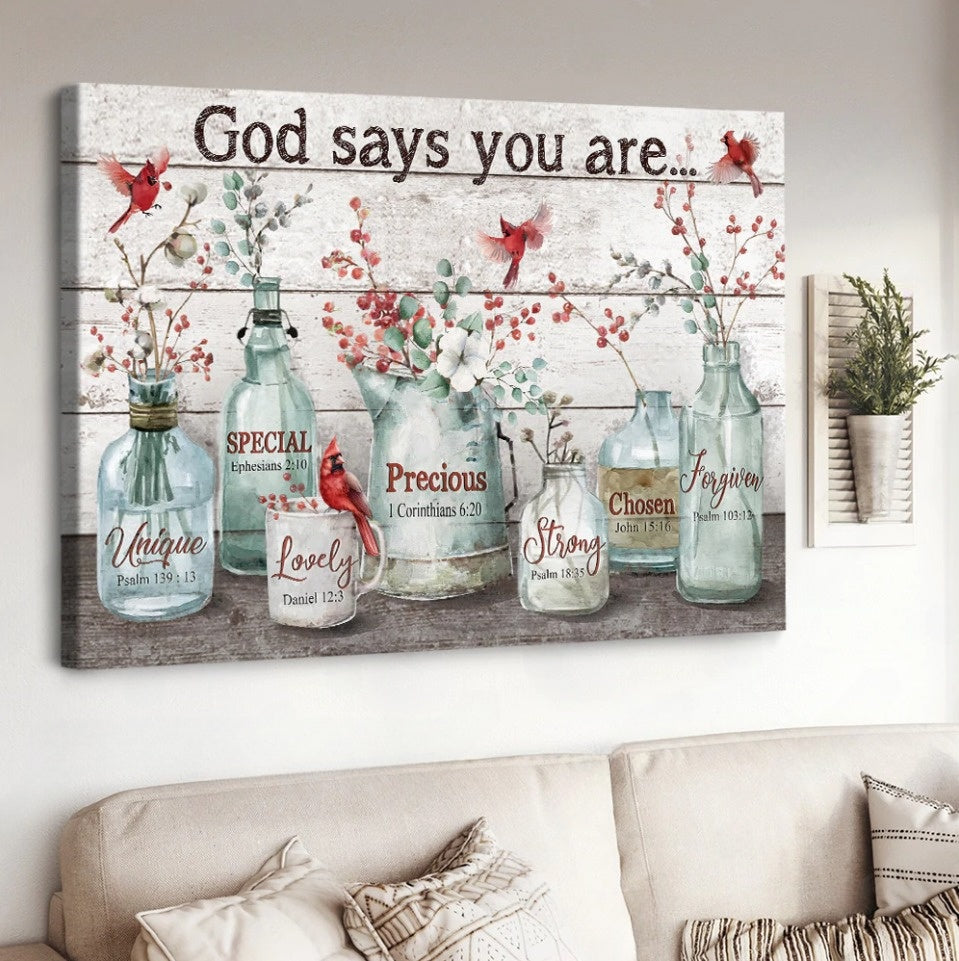 Baby Flower Cardinal Crystal Vase God Says You Are Canvas Wall Art – Christian Poster – Religious Wall Decor