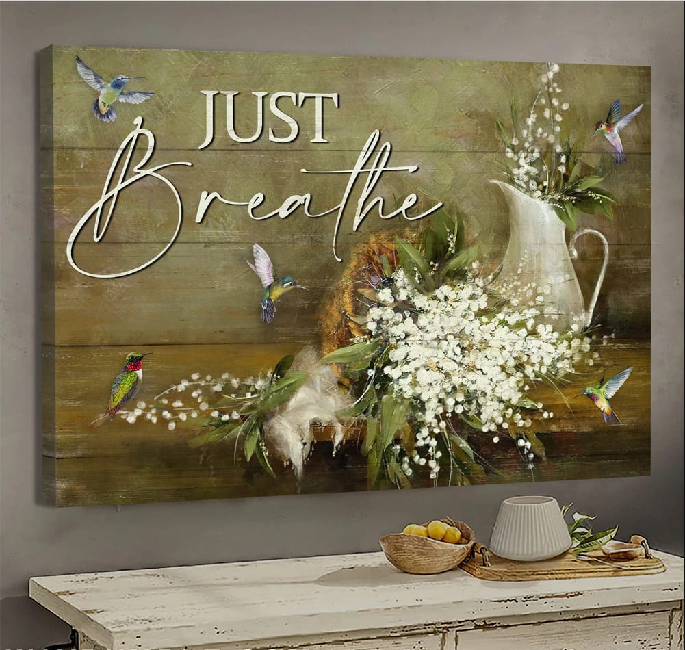 Baby Flower Hummingbird Just Breathe Jesus Canvas Wall Art – Christian Poster – Religious Wall Decor