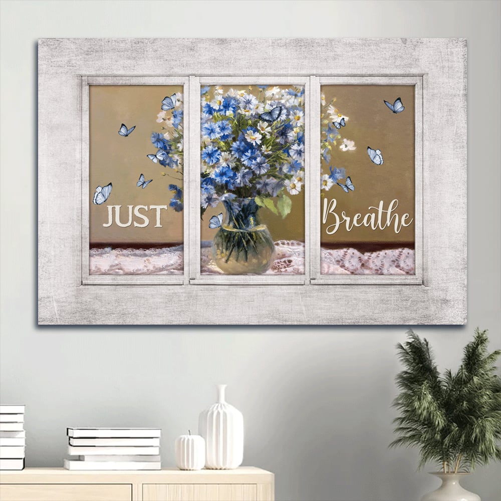 Baby Flower Vase Watercolor Butterfly White Window Just Breathe Canvas Wall Art – Christian Wall Decor