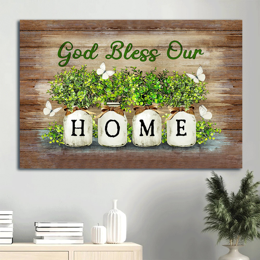 Baby Rubber Plant Vase White Butterfly God Bless Our Home Canvas Wall Art – Christian Wall Decor