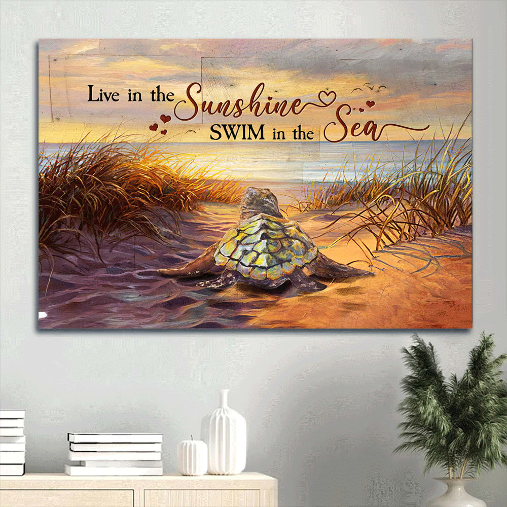 Baby Turtle Beach Grass Blue Ocean Sunrise Sky Live In The Sunshine Canvas Wall Art – Christian Wall Decor