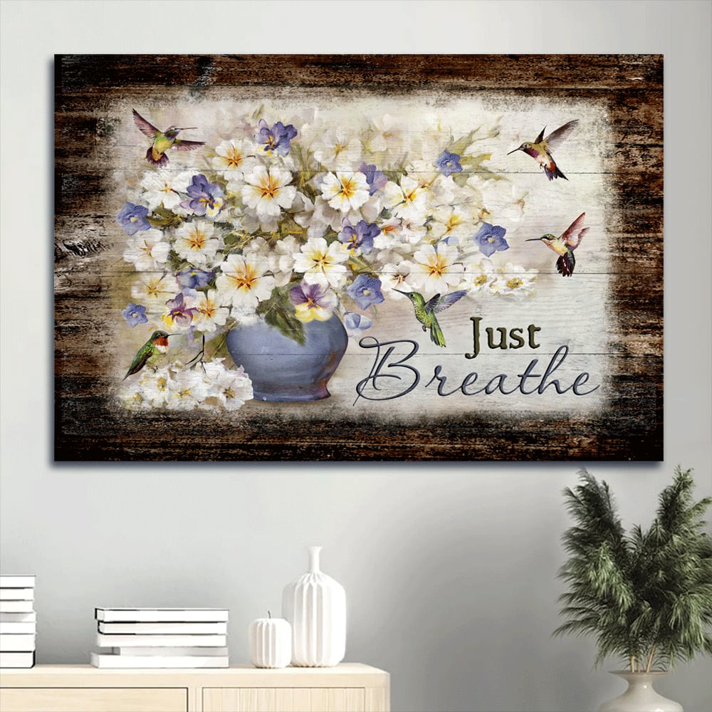 Bacopa Plant Flower Vase Hummingbirds Canvas. Just Breathe Canvas Wall Art – Christian Wall Decor