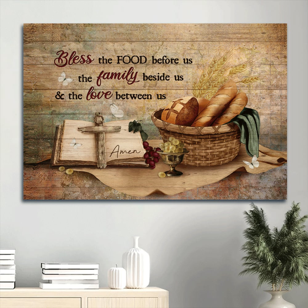 Baguette Painting Grapes Drawing Religious Text Book Bless The Food Canvas Wall Art – Christian Wall Decor