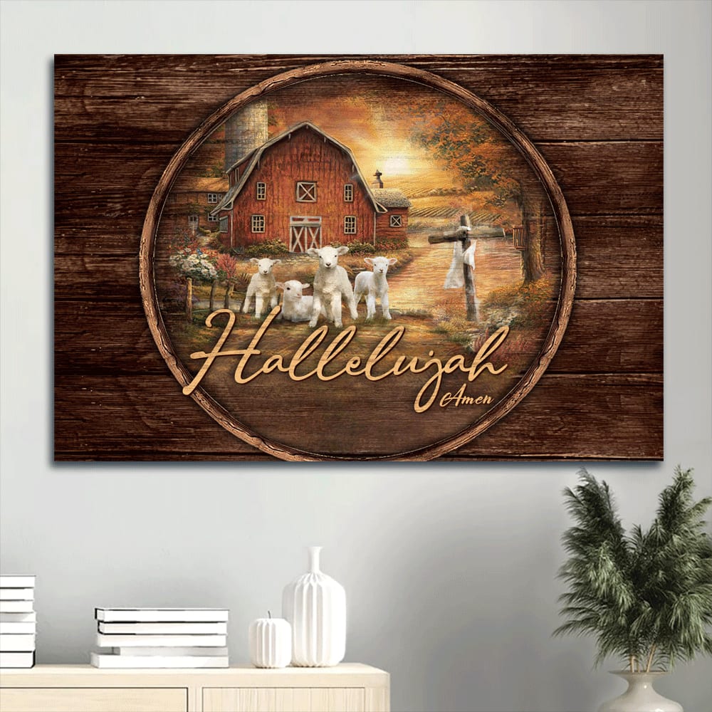 Barn House Painting Sunset On The Farm Farmhouse Hallelujah Canvas Wall Art – Christian Wall Decor