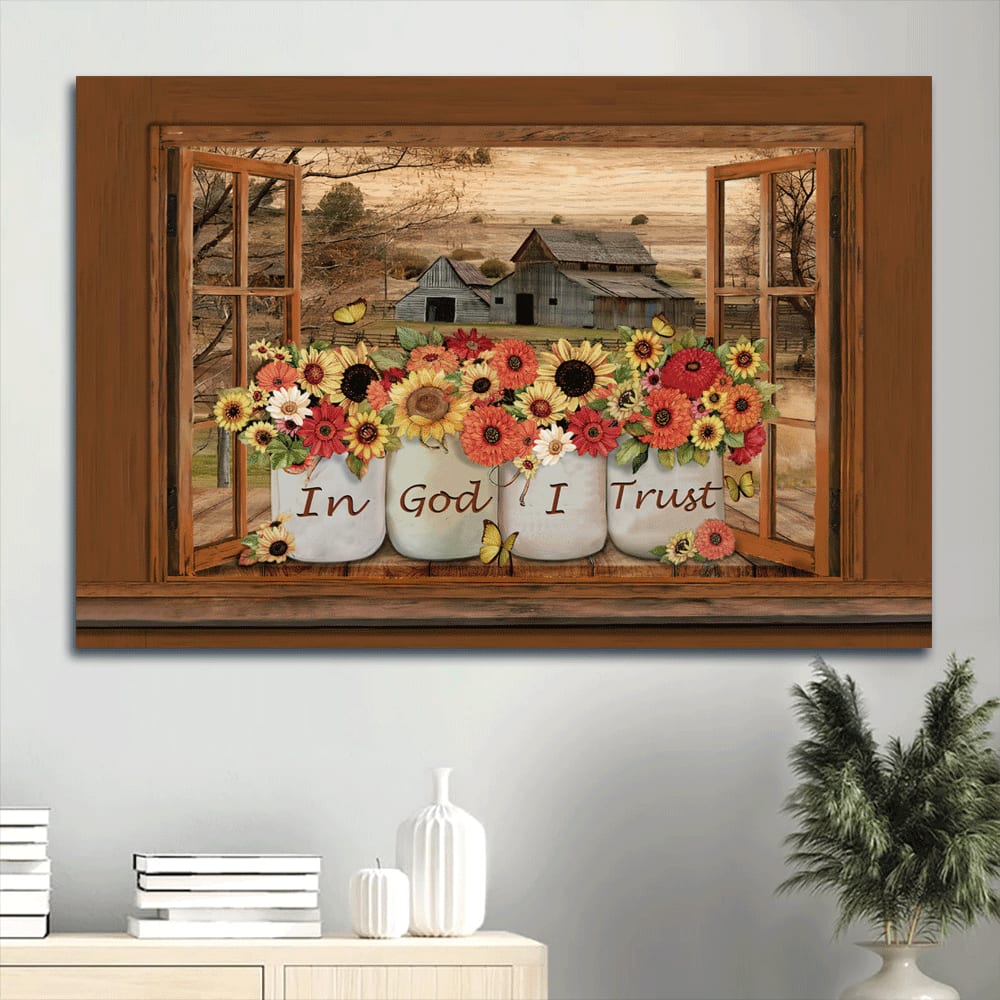 Barn On Farm Types Of Flowers Yellow Butterfly Canvas In God I Trust Canvas Wall Art – Christian Wall Decor