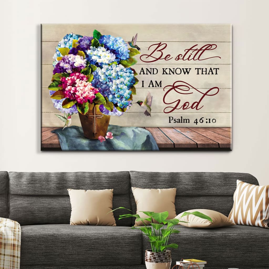 Be Still And Know That I Am God Wall Art Canvas, Hummingbirds Hydrangea Christian Wall Decor – Religious Wall Decor