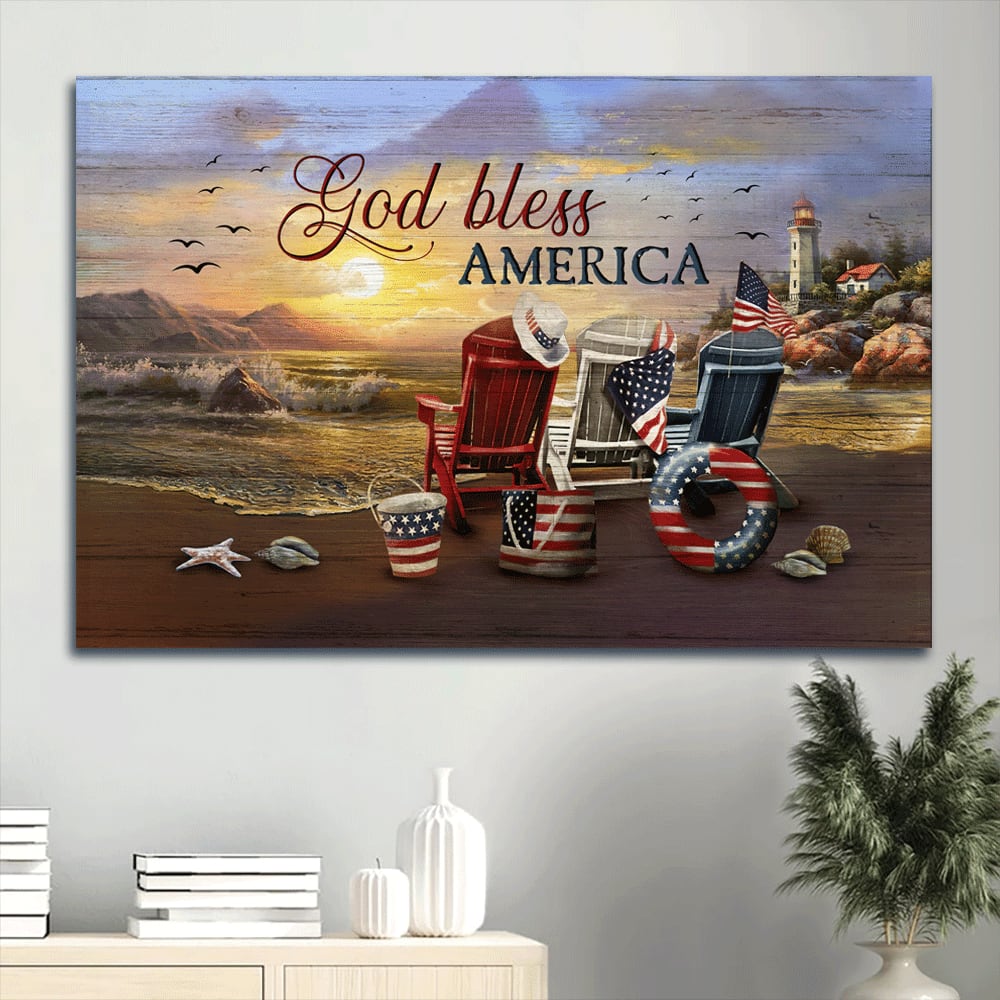 Beach Chair American Flag Today Sunrise Seagull Painting Canvas God Bless America Canvas Wall Art – Christian Wall Decor