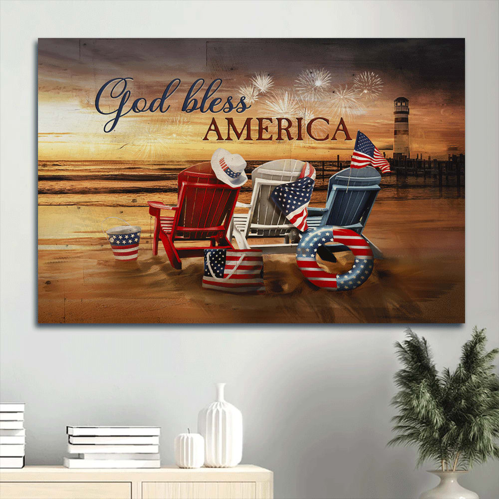 Beach Chairs American Flag Firework Sunset Beach Painting Canvas God Bless America Canvas Wall Art – Christian Wall Decor