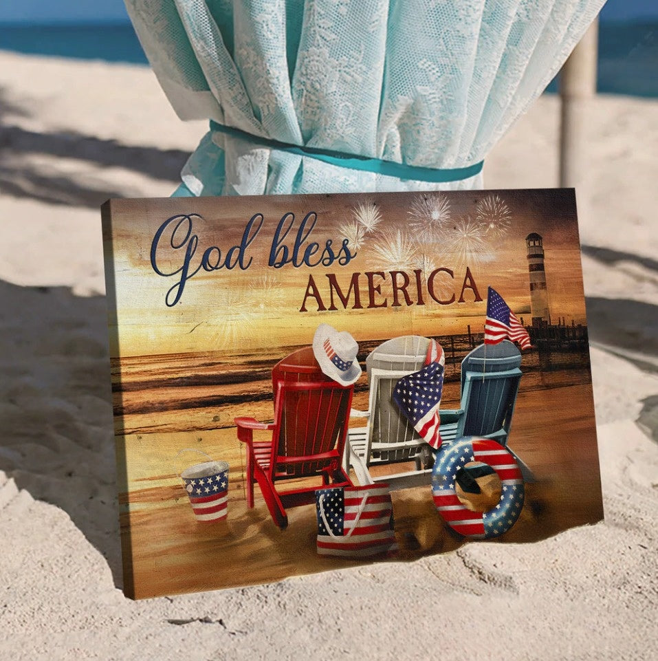 Beach Chairs American Flag Sunset Beach God Bless America Canvas Wall Art – Christian Poster – Religious Wall Decor