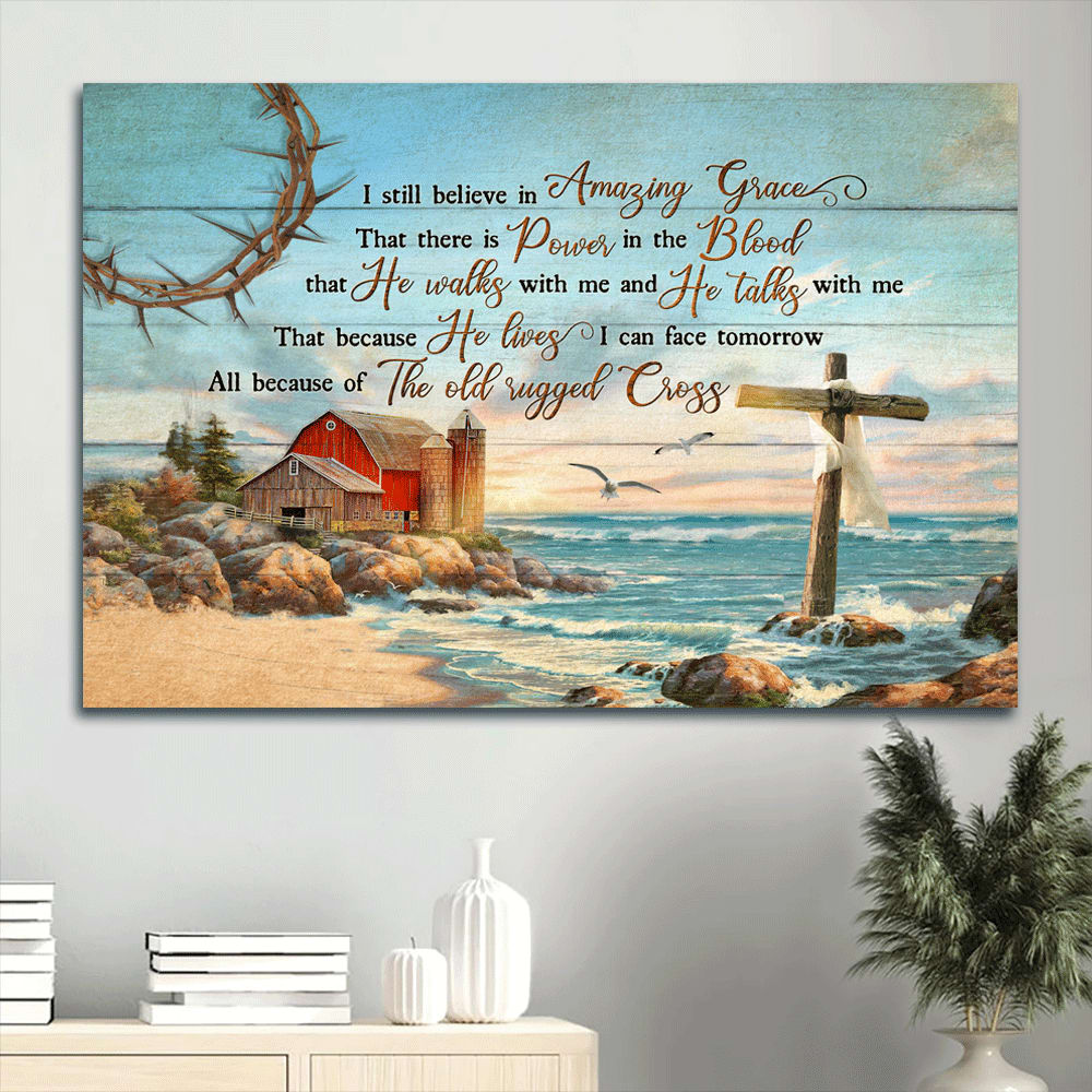 Beach Painting Blue Ocean Rustic Farmhouse I Still Believe In Amazing Grace Canvas Wall Art – Christian Wall Decor