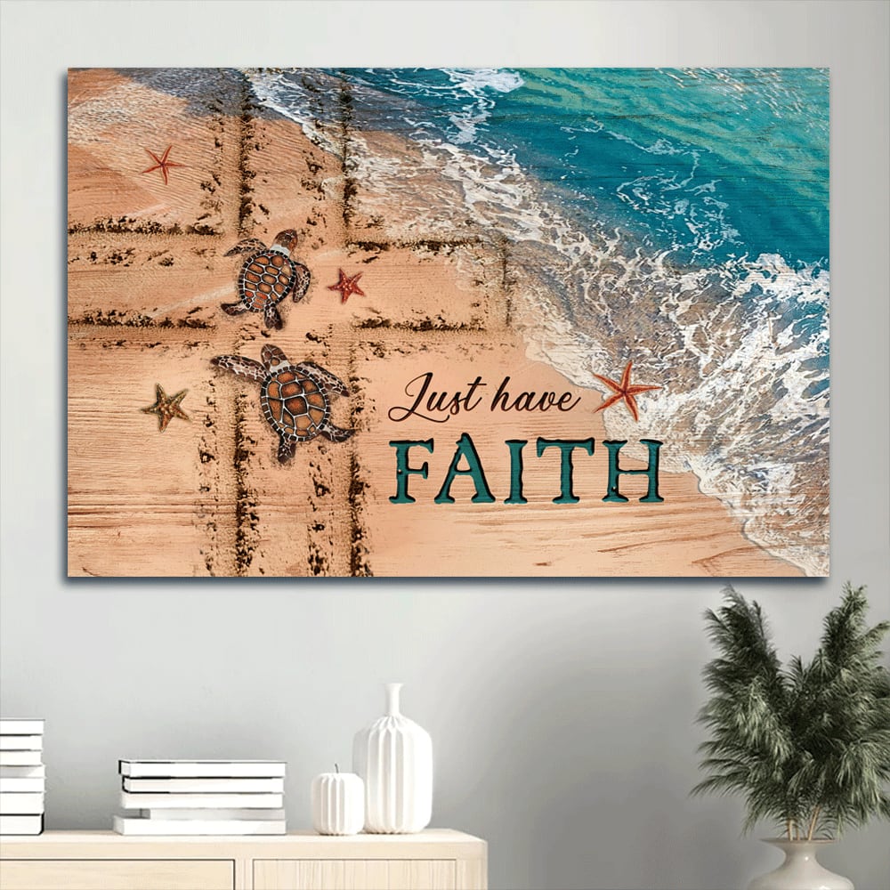 Beach Painting Couple Sea Turtle Cross Symbol Canvas Just Have Faith Canvas Wall Art – Christian Wall Decor