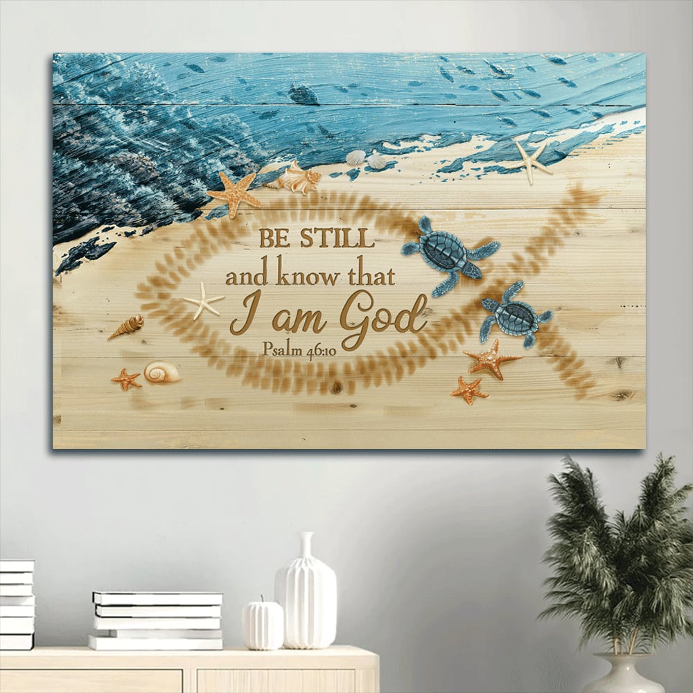 Beach Painting Couple Sea Turtle Starfish Conch Canvas Be Still And Know That I Am God Canvas Wall Art – Christian Wall Decor