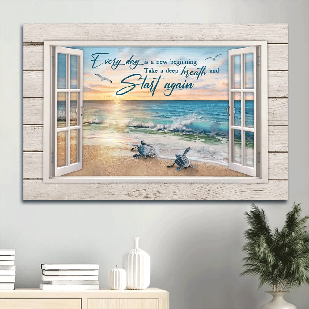 Beach Painting Sea Turtles Inspirational Quote Seagull Painting Canvas Every Day Is A New Beginning Canvas Wall Art – Christian Wall Decor