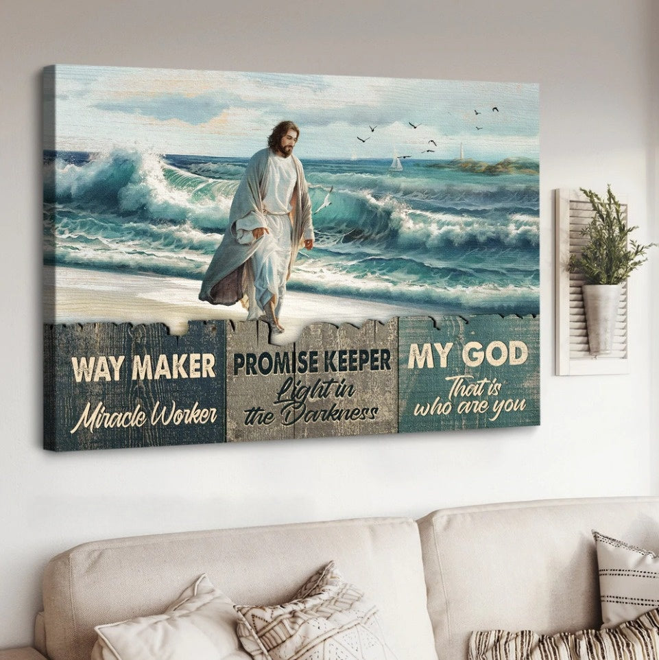 Beach Painting Walking With Jesus Way Maker Miracle Worker Canvas Wall Art – Jesus Canvas Pictures – Christian Wall Posters