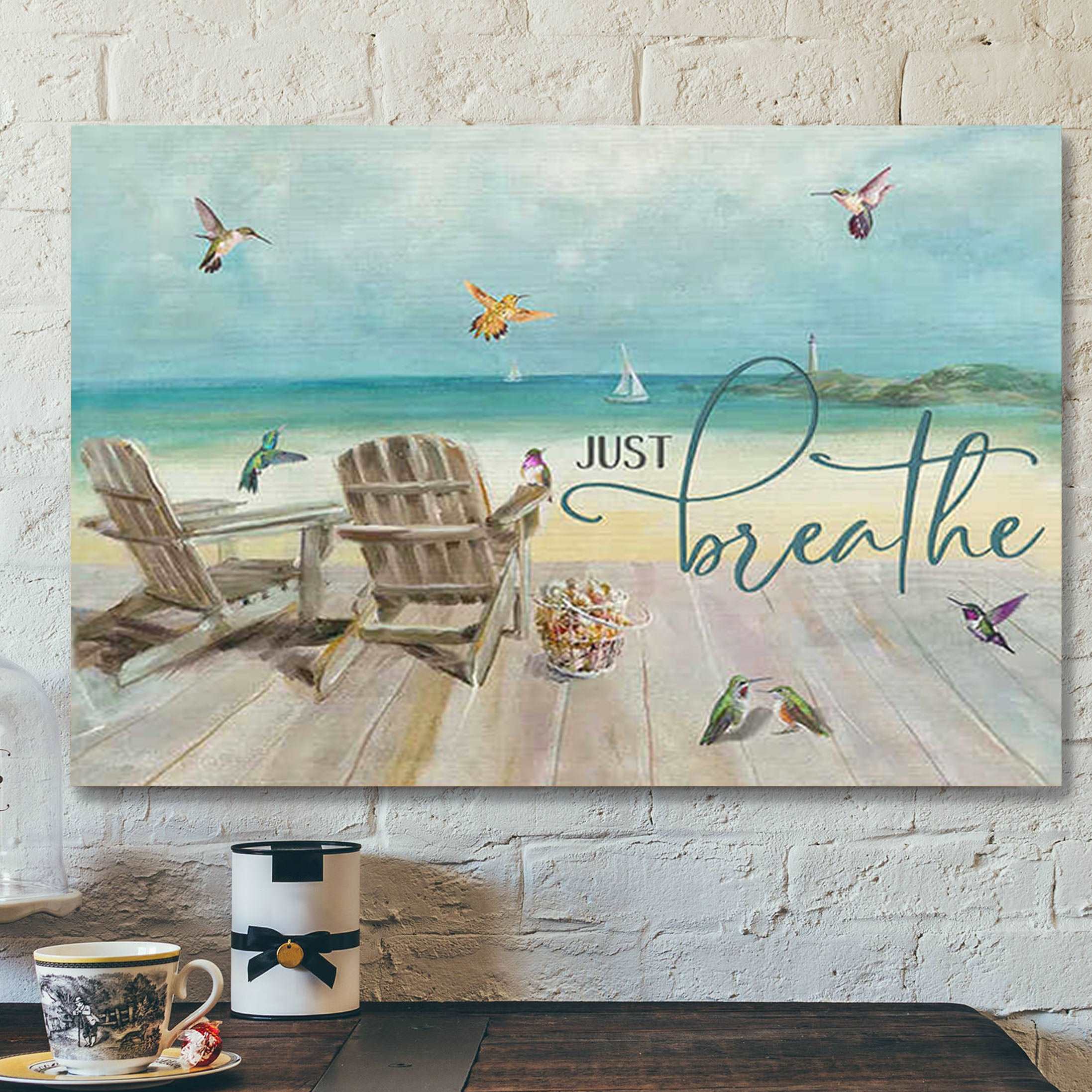 Beachhouse And Hummingbird Canvas Just Breathe – Bible Verse Canvas – Scripture Canvas Wall Art