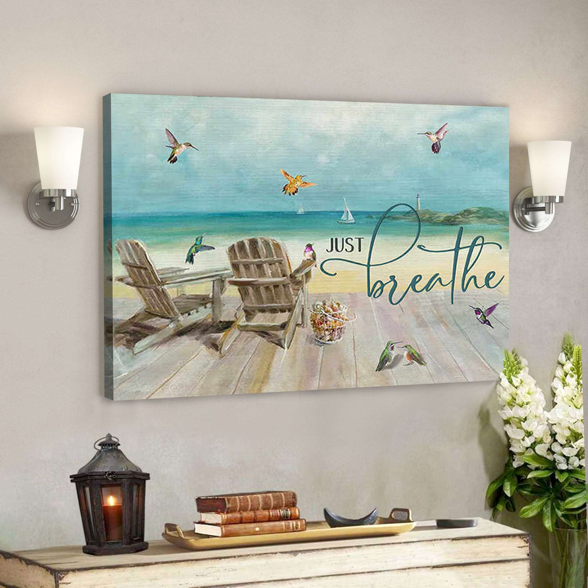 Beachhouse And Hummingbird Canvas Just Breathe – Bible Verse Canvas – Scripture Canvas Wall Art