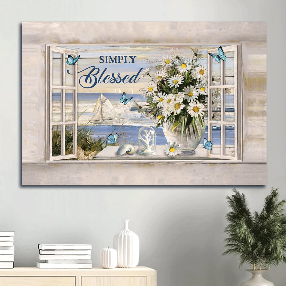 Beautiful Beach Daisy Vase Summer Painting Simply Blessed Canvas Wall Art – Christian Wall Decor