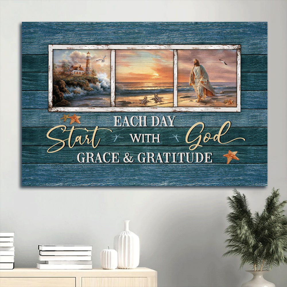 Beautiful Beach Jesus Painting Sunset Start Each Day With God Canvas Wall Art – Christian Wall Decor